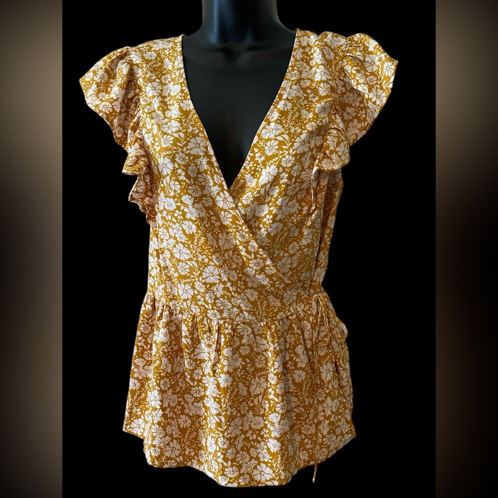 Skies Are Blue yellow floral ruffle Wrap Peplum Blouse | summer top NWT XL - Picture 2 of 8